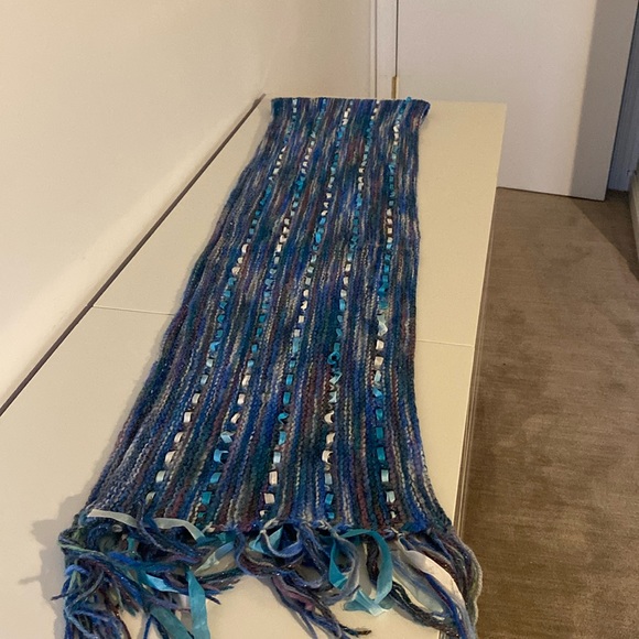 Hand-knit wrap  or scarf made with hand-dyed merino yarns and ribbon. NWOT - Picture 2 of 3